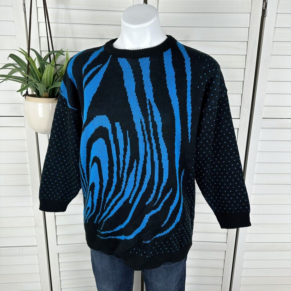 Vintage 1980s Distinctive‎ Sportswear Blue Zebra Birdseye Sweater Top Size L
